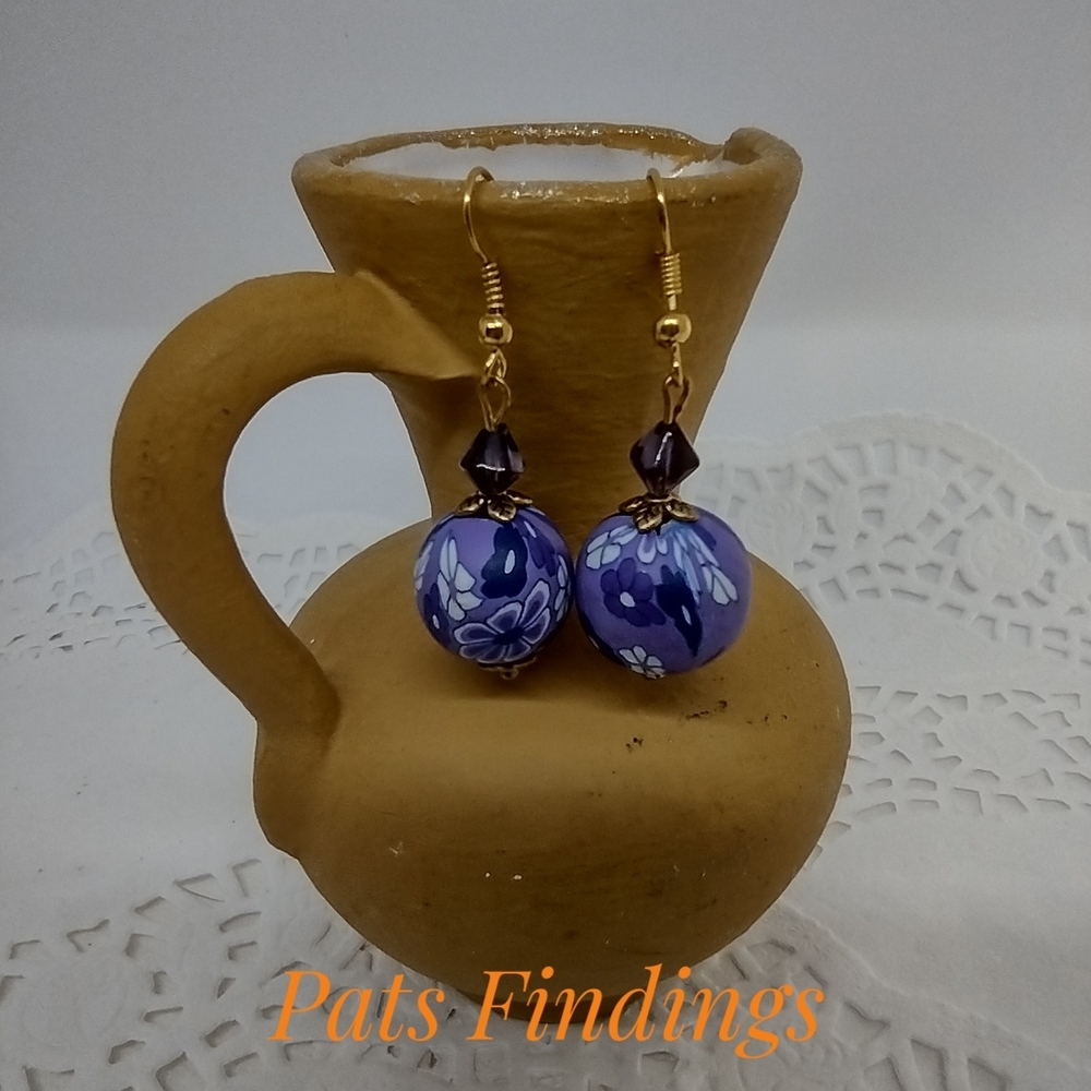 Blue and Gold Floral Earrings
